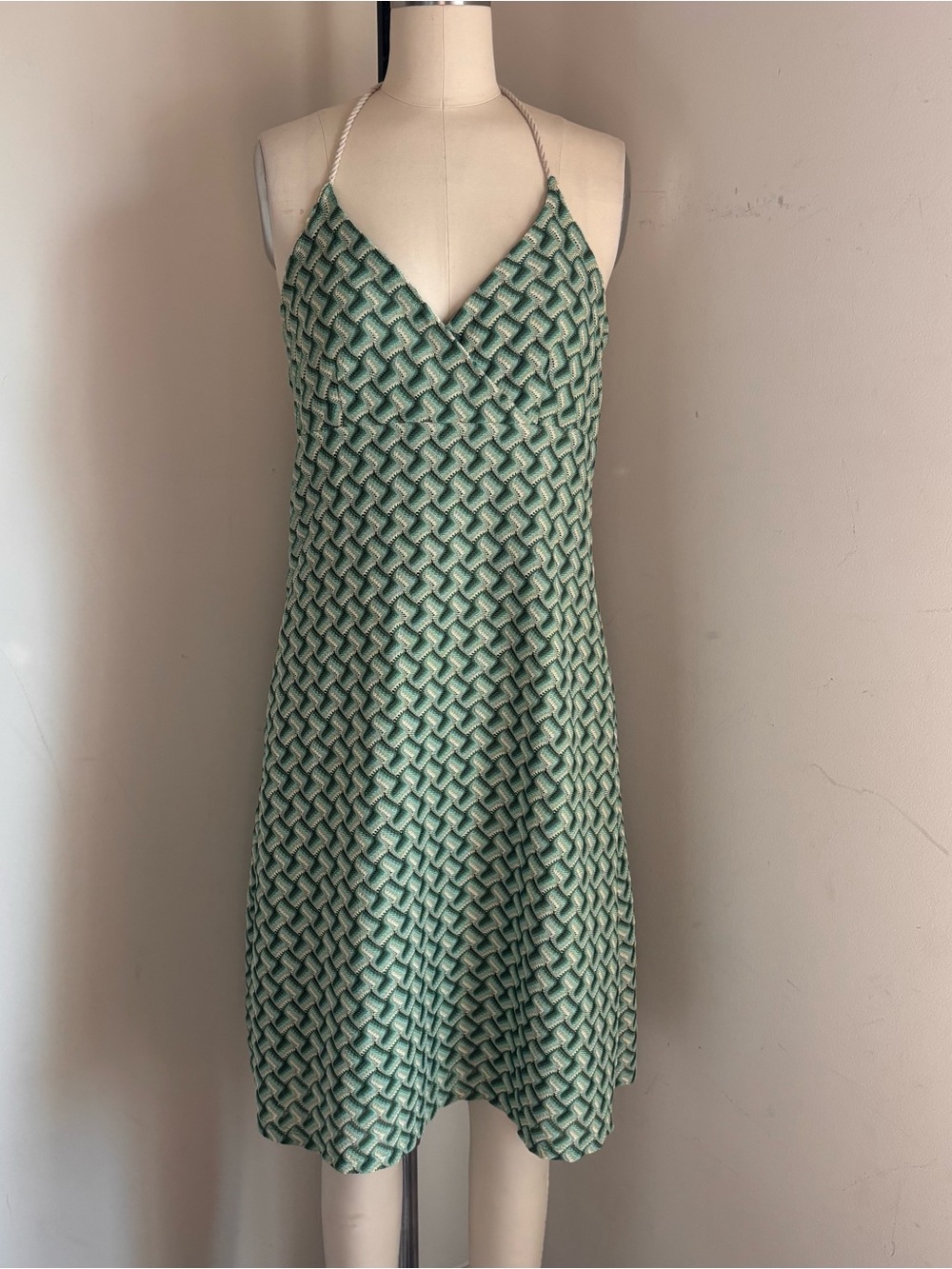 LOFT green and white geometric pattern mini dress with a boho vibe